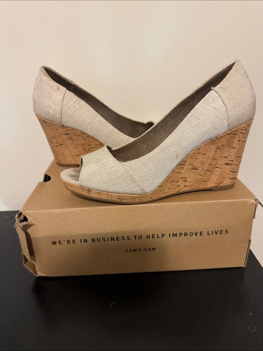 TOMS Natural Linen Cork Wedge Peep-Toe Heels